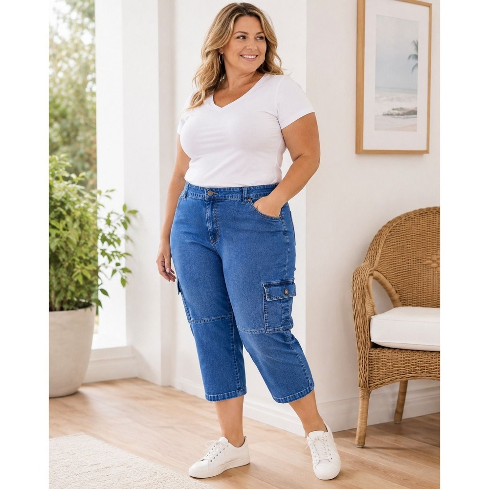 Gili Blue Denim Cargo Crop Pants Womens 24W Stretch Utility Medium Wash Jeans